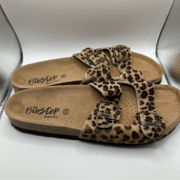 Biostep Womens 10.5 Cheetah Print Animal Fur Double Strap  Leather Sandals Spain - Picture 11 of 12